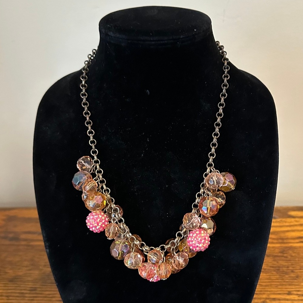 Pink Amber Beaded Cluster‎ Statement Necklace Rhinestone Disco Ball 22 Inch